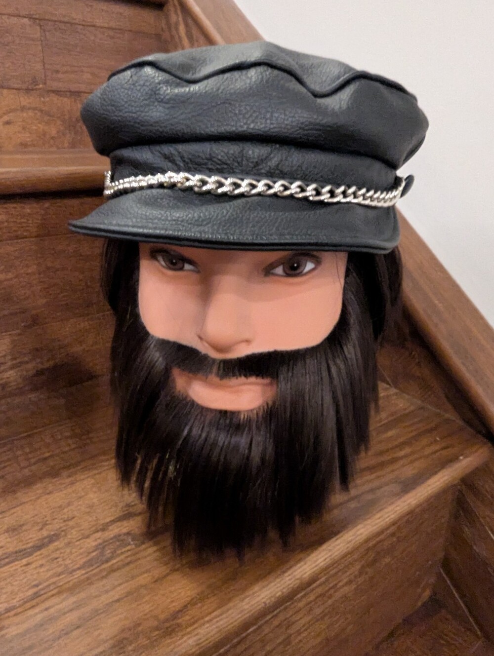 Vintage 1980s Leather biker cap With Chain, Greek Fisherman's cap Like New
